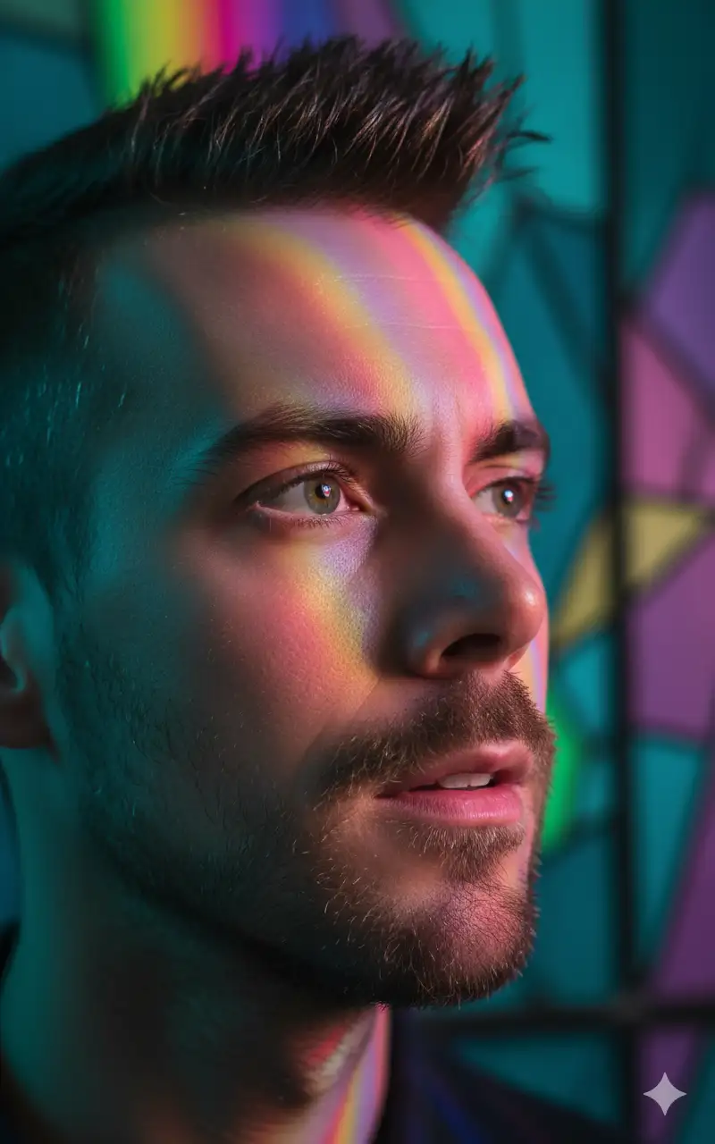 Create a vertical 3:4 ultra-close portrait of me in 3/4 profile facing a stained-glass/prism panel at camera-right, eyes lifted toward the light and lips slightly parted; shoot on a full frame body with an 85–105 mm prime at f/2.0, 1/200 s, ISO 200, focus precisely on the near eye for razor detail and let the background melt into teal/magenta bokeh. Light with a hard projector or LED through fractured acrylic/gel filters from camera-right to cast saturated rainbow bands across forehead, cheek, and lips, and add a soft cyan fill from camera-left for edge separation; keep skin glossy with clean speculars and crisp catchlights. Frame tightly from forehead to below chin, keep the colored pane abstract behind the face, and grade for high saturation, rich contrast, and gentle halation to preserve the dreamy, neon stained-glass mood. Don't change facial features