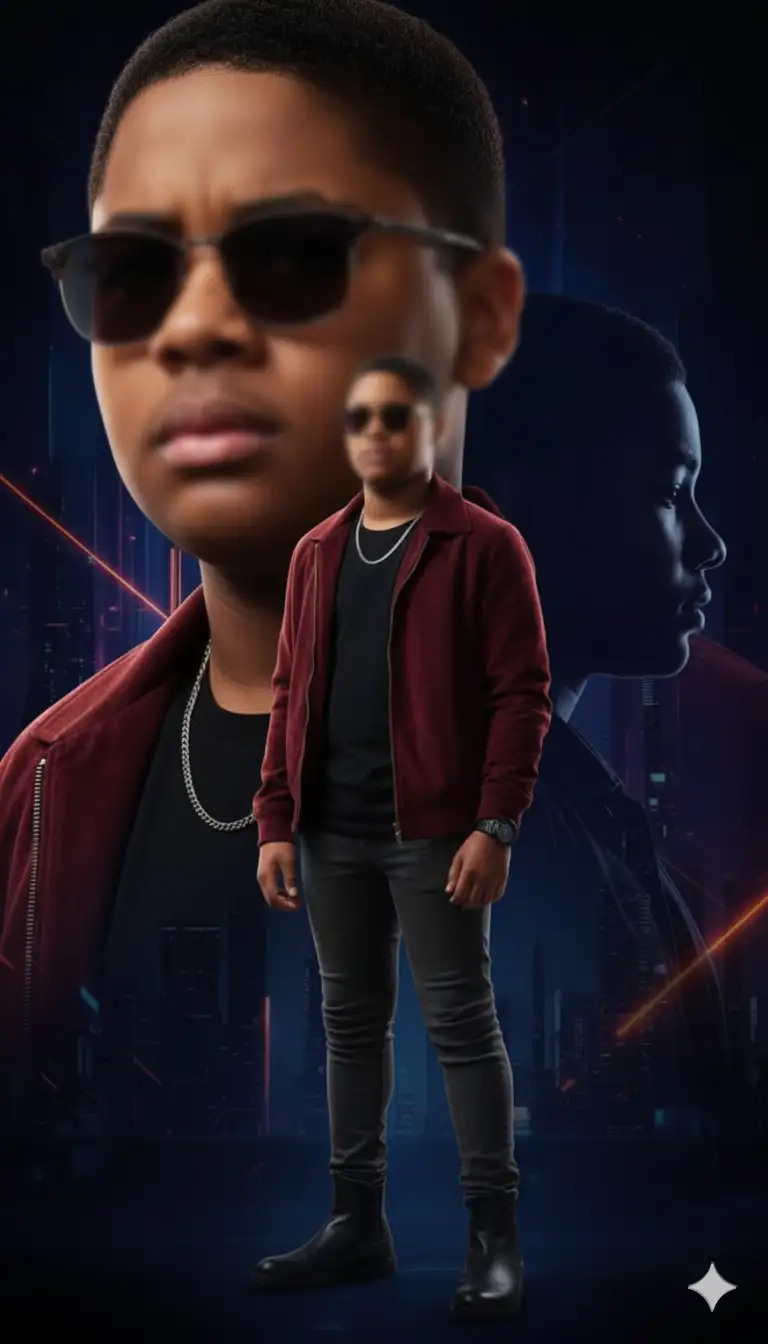 Póster collage cinematográfico ultrarrealista en 4K de un JOVEN ADOLECENTE (mismo rostro que la referencia). Lleva una chaqueta de ante granate oscuro sobre una camiseta negra ajustada, pantalones ajustados GRIS marengo y botines NEGROS. Complementa su look con una cadena plateada, un reloj NEGRO y gafas de sol, creando un look atrevido y elegante.
El póster incluye tres tomas fusionadas: un primer plano (emoción intensa), una pose de cuerpo entero (postura segura) y un perfil lateral (silueta definida).
Fondo: oscuro, melancólico y futurista. SIN TEXTO EN LA IMAGEN