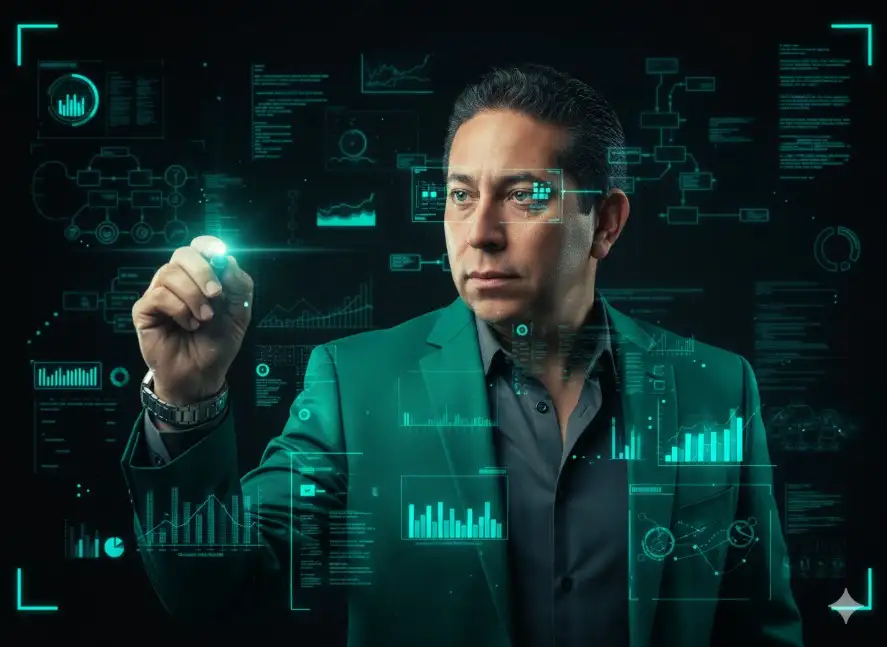 "[Tu foto/La persona de la foto proporcionada] se presenta como un hombre cuya expresión es seria, concentrada y de experto, mirando ligeramente hacia la izquierda, como si interactúa con datos invisibles. Viste un traje elegante: un blazer de color verde esmeralda o bosque, abrochado con un solo botón, y una camisa de vestir gris oscuro o carbón debajo, con el cuello desabrochado. Lleva un reloj de pulsera grande en su muñeca izquierda, sugiriendo un estilo ejecutivo moderno.

El hombre está capturado en el acto de escribir o dibujar en el aire con lo que parece ser un puntero digital o un lápiz óptico, sostenido con su mano derecha.

Tanto sobre el sujeto como en el fondo, se proyectan múltiples elementos holográficos en color cian/verde neón brillante: en el rostro, pequeñas cuadrículas de datos y puntos de seguimiento (como un HUD o Heads-Up Display) se proyectan sobre sus ojos y pómulos; en la ropa, líneas, gráficos, código y diagramas técnicos se superponen sobre su blazer y el brazo que sostiene el puntero, fusionando al sujeto con la tecnología; en el fondo, la pared oscura detrás de él está completamente cubierta por una matriz compleja de diagramas de flujo, gráficos de barras, bocetos técnicos y texto de código, creando una interfaz de datos envolvente.

La iluminación es dramática y de alto contraste. La luz principal es el brillo verde neón de los datos proyectados, que ilumina al hombre desde el frente. El fondo es de un negro intenso, lo que aísla al sujeto y hace que los gráficos cian resalten de manera espectacular. La atmósfera general es de ciencia ficción, innovación y visión analítica."